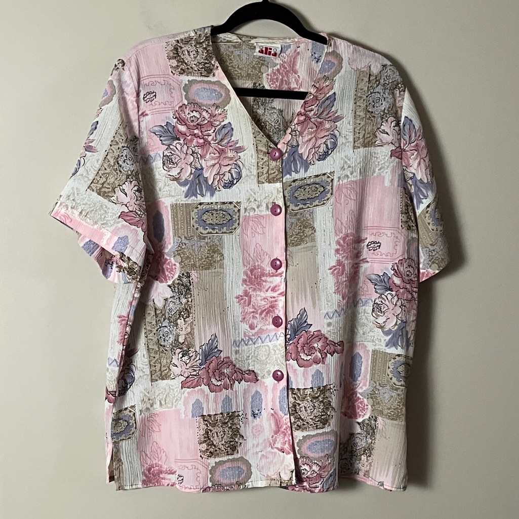 Vintage Blouse Short Sleeve 90s Alia Pastel Pink Tan White Grandmacore